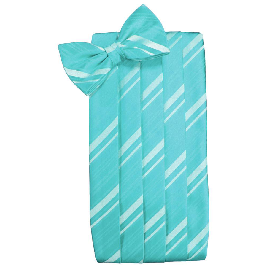 Mens Pool Blue Striped Satin Bow Tie and Cummerbund Set