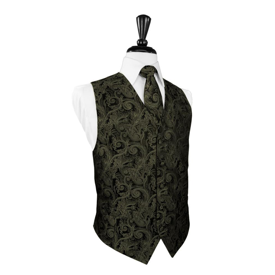 Dress Form Displaying A Sage Green Tapestry Mens Wedding Vest With Tie